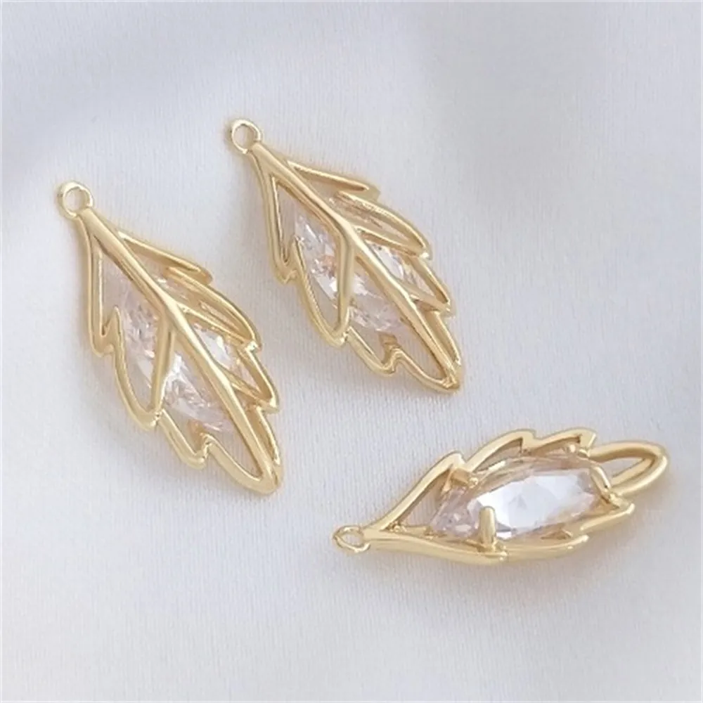 14K Gold Inlaid Horse Eye Zircon Three-dimensional Leaf Pendant DIY Bracelet Necklace Earrings Headgear Charms Pendant K390