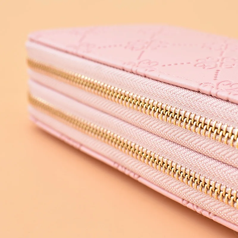 Women's Long Wallet Shiny Leather Double Zipper Clutch Bag Large Capacity Double Layer Phone Pocket Matte Wrist Strap Purse