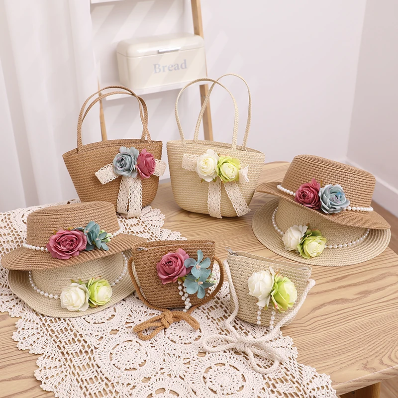 French Elegant Retro Summer Straw Hat Bag Set for Women and Girls Pearl Floral Hat Mom Kid Holiday Outdoor Travel Beach Sun