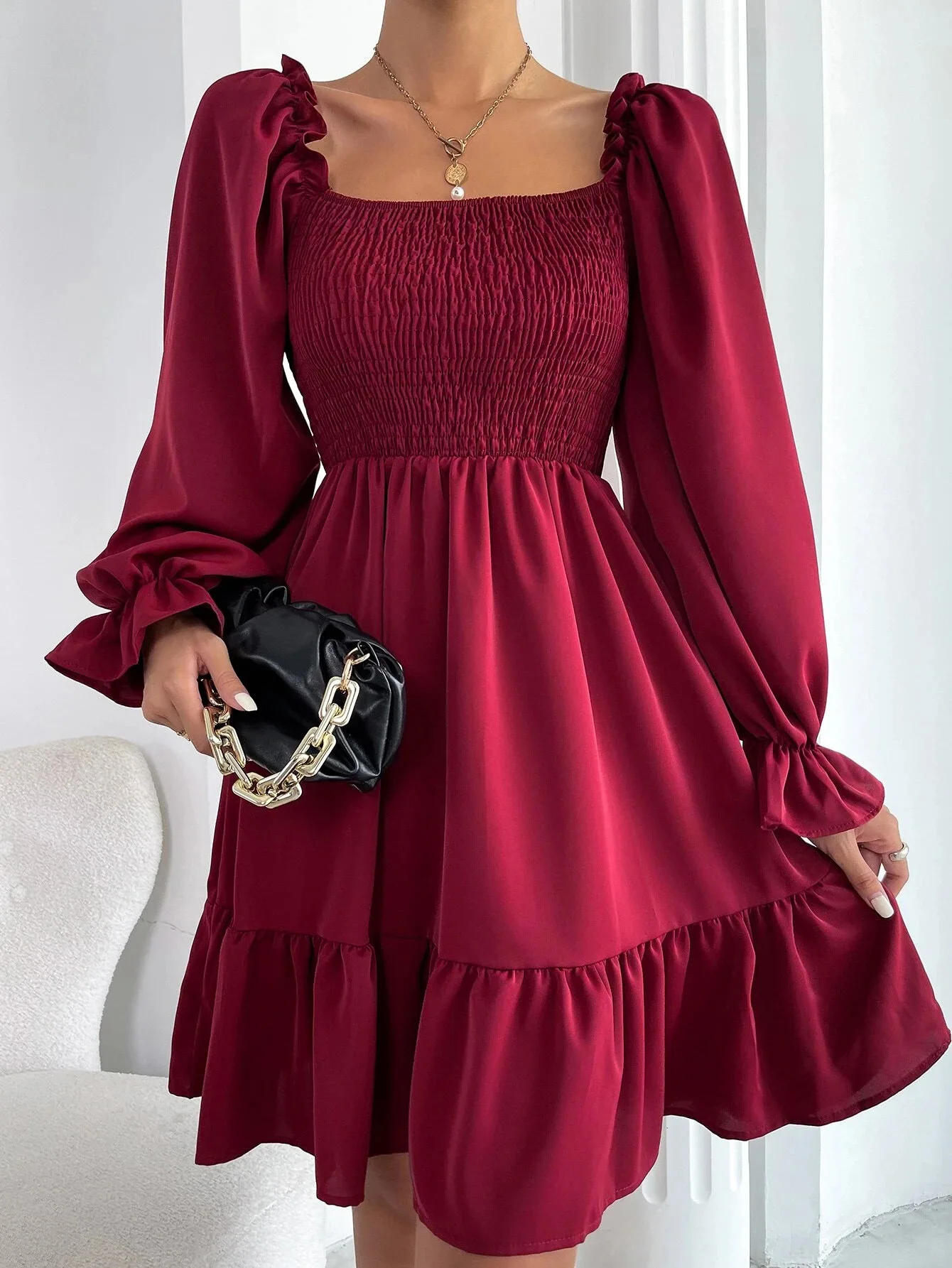 

Square Neck Shirred Bodice Flounce Sleeve Ruffle Hem Dress Dresses