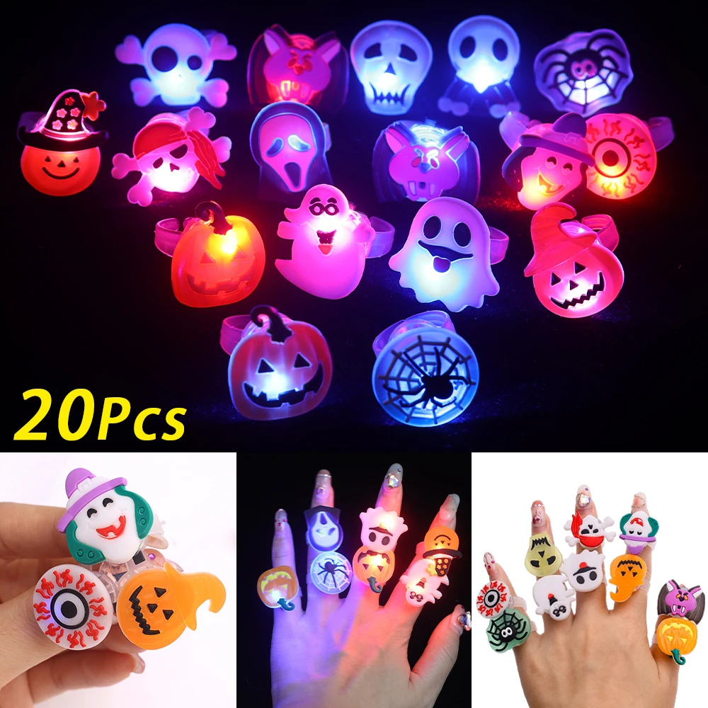 

20/10PCS LED Luminous Finger Ring Halloween Glowing Pumpkin Ghost Spider Light For Halloween Party Decorations Kids Gifts Toys
