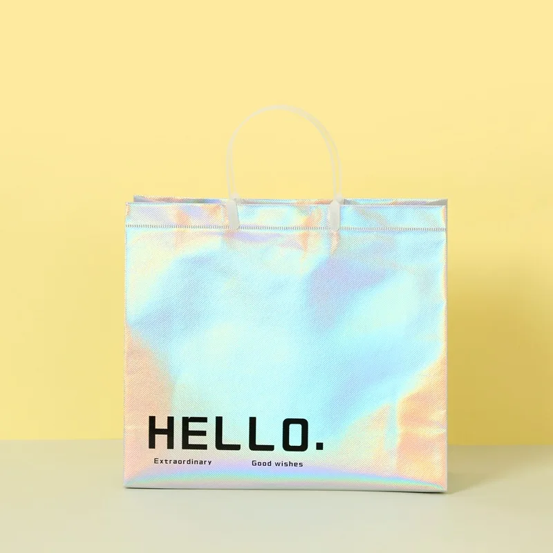 

Лидер продаж 2023, 50 шт./лот, сумка-тоут разных размеров с лазерным рисунком, утолщенная Нетканая Экологически чистая сумка для покупок, можно изготовить на заказ