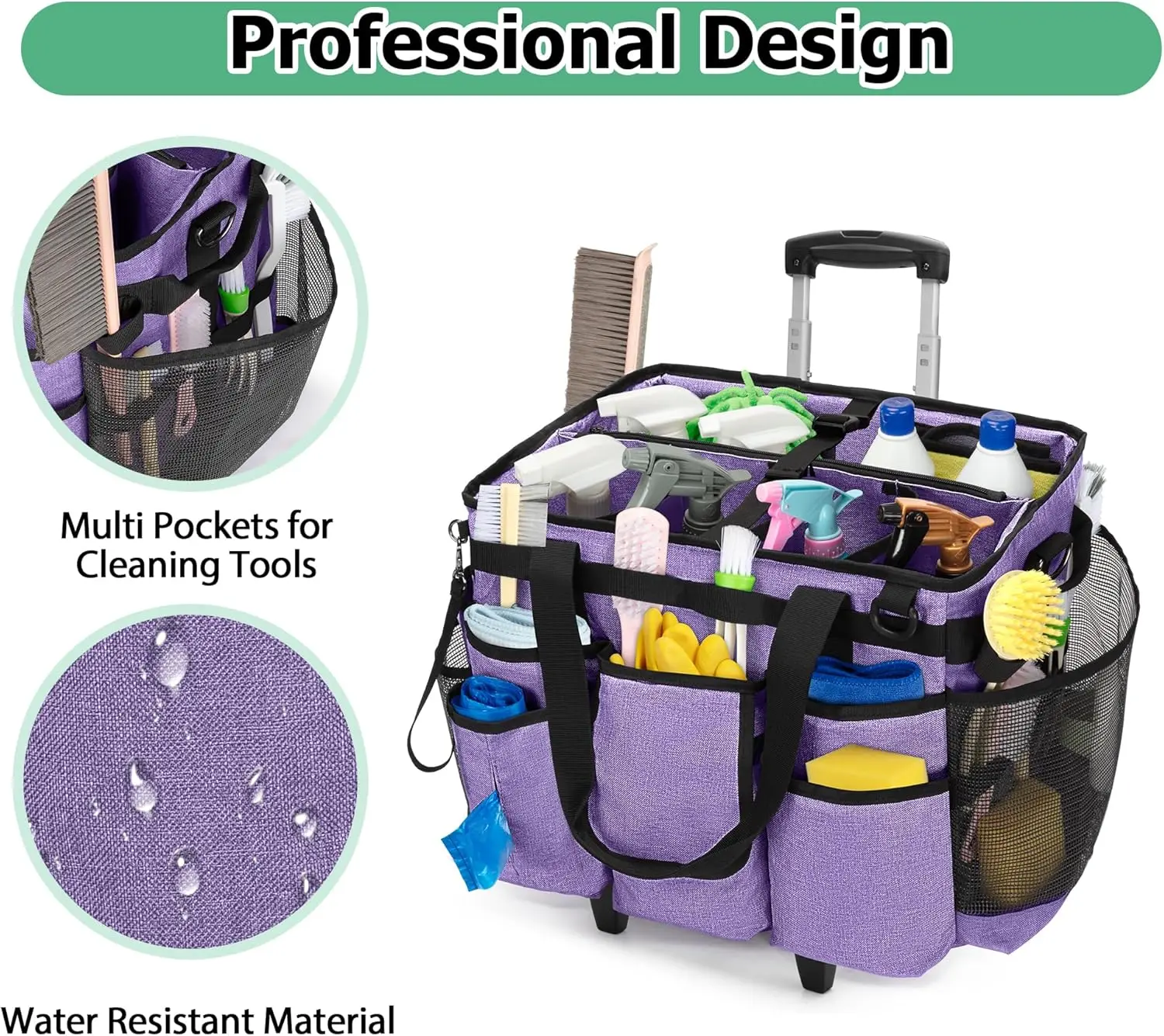 Rolling Cleaning Bag with Detachable Trolley, Portable Cleaning Cart on Wheels for Supplies,Professional Caddy
