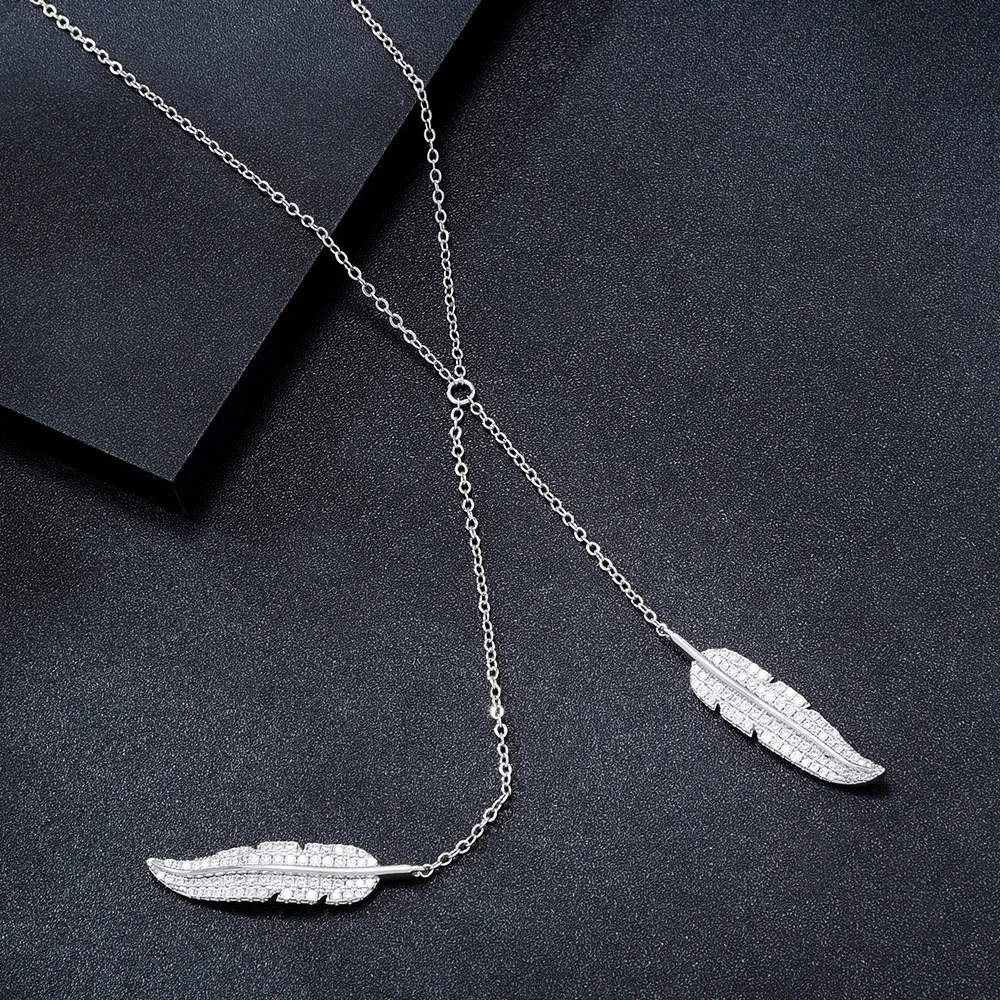 Soramoore New Trendy Long Chains Feather Pendant Necklace Jewelry for Women Girl Bridal Wedding Full Shiny CZ Romantic Lady Gift