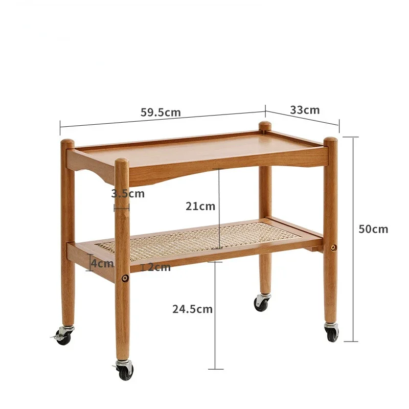 Solid Wood Removable Sofa Coffee Table Double Layer Rattan Woven Living Room Low Table Walnut Wheel Tea Cart