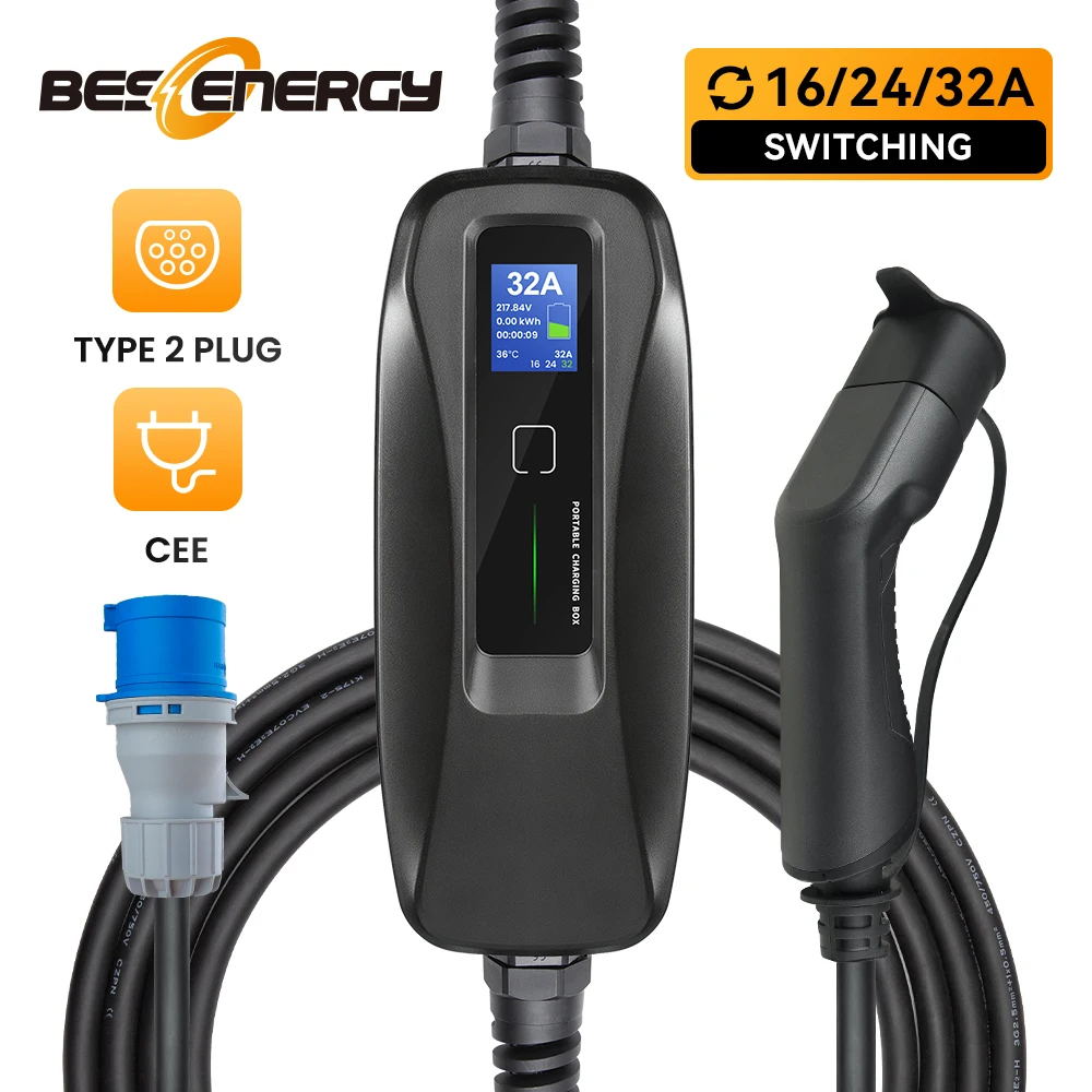 Electric Vehicle Car Charger EV Type 2 Charger 7KW Switch Current 16/24/32A  Portable Charging Box CEE Plug 220V IEC 62196-2 6M