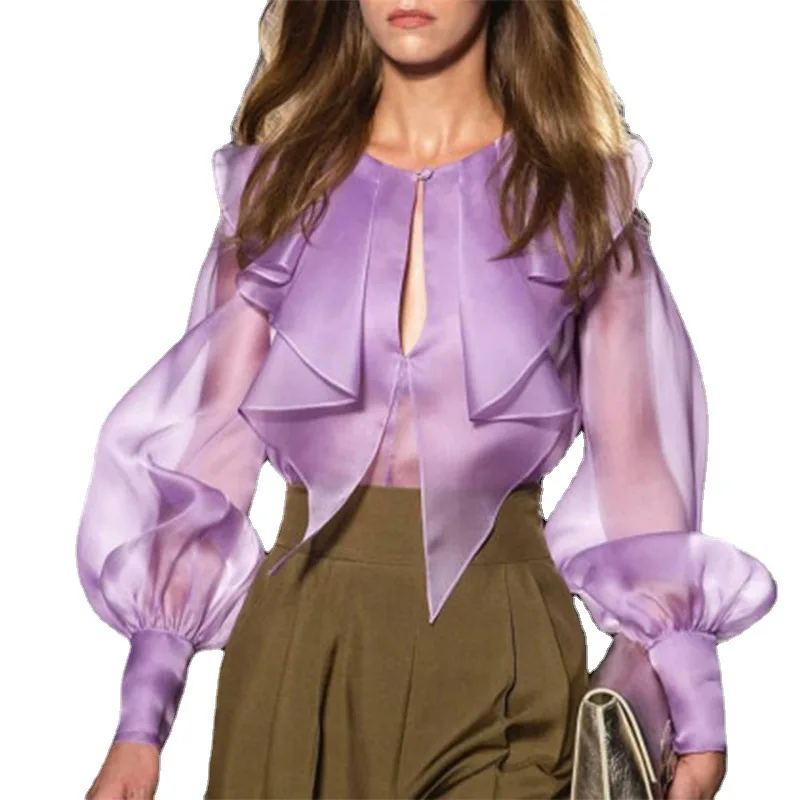 Women Purple Shirts Blouses Tops Long Lantern Steeves Office Ladies See Through Tops Fashion