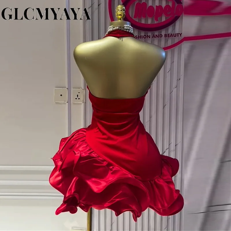 GLCMYAYA Women Sleevelss Halter V-neck Ruffles Ball Gown Smock A-line Mini Midi Dress 2025 Summer Vacation Holiday Party Dresses 3