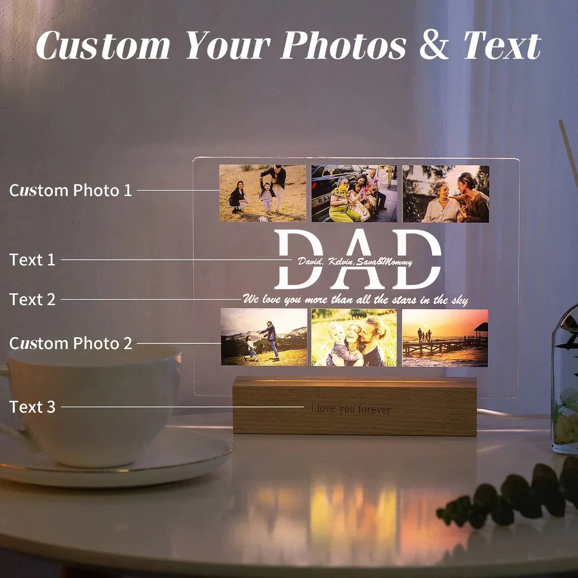Personalized Custom Photo Text 3D Acrylic Lamp Customized Bedroom NightLight for MOM DAD LOVE Family Birthday Christmas Day Gift 3