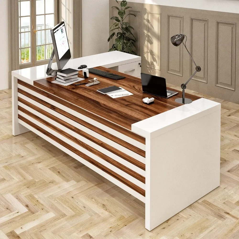 Large Office Desk L Shaped Computer Desk wit87"Wood Executive Large Desk for HomeOffice，Executive Desks 63Inch with File Cabinet 2