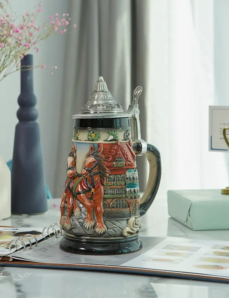 Beer Mug Germany Oktoberfest Engraved Tankard with Lid Big