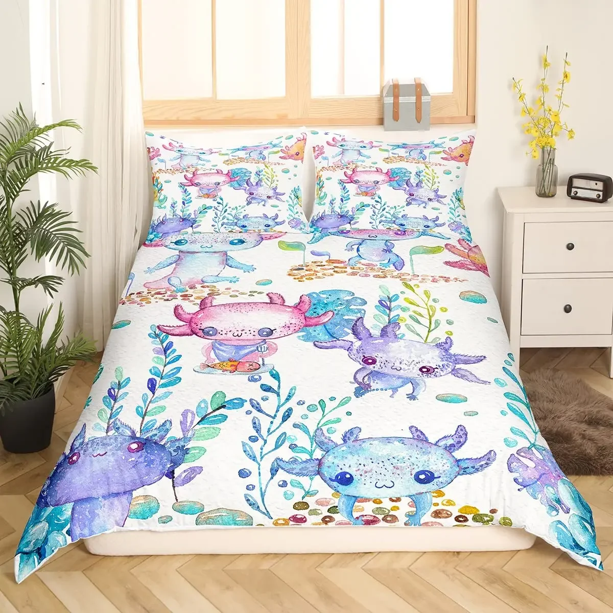 

Пододеяльник с мультяшным рисунком для детей, для мальчиков и девочек, Axolotl, тема морского берега, постельное белье, украшение для спальни, Королевский размер