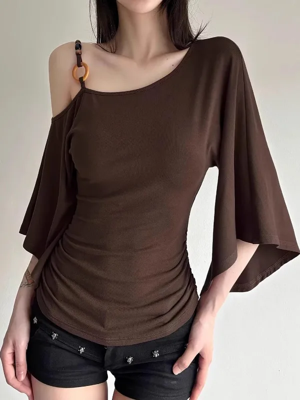 plus Size American Retro Diagonal oulder Bell Sve T-irt Women Summer New Slimming Design Sense Top Cotton Polyester