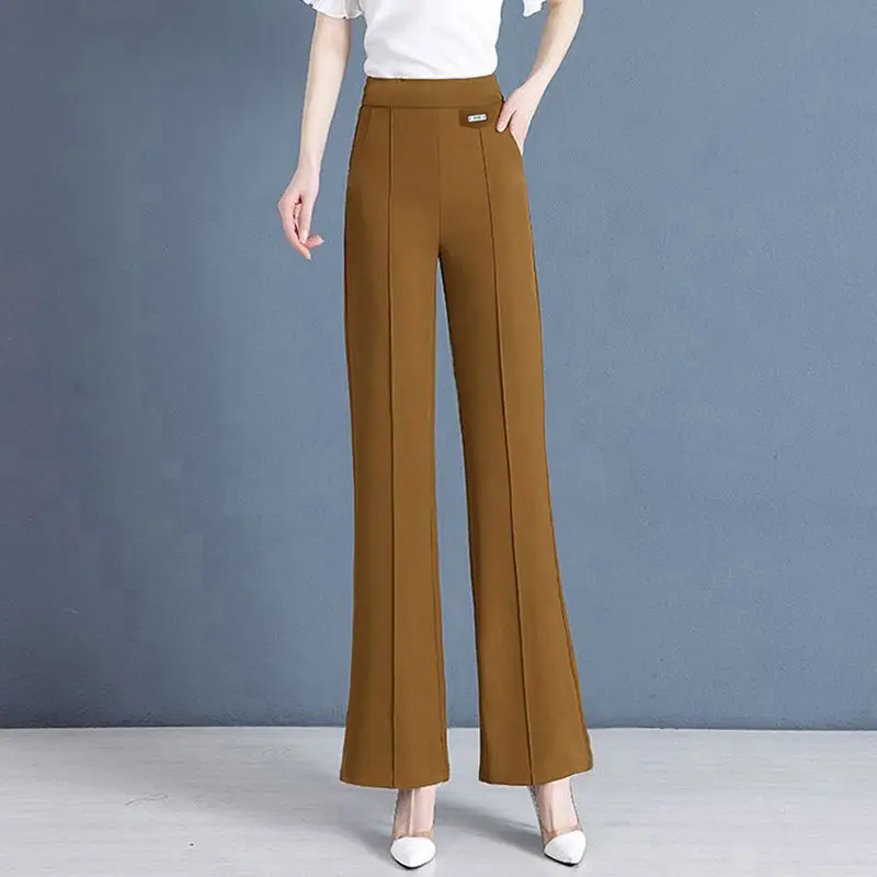 Women's Elastic Waist Solid Pocket Female Clothing Pants Spring and Autumn New High Waist Slim Flare Pants Fashion Casual Pants