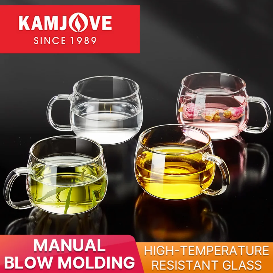 KAMJOVE Glass Tea Cup Thickened Handle High Borosilicate Heat Resistant Glass Cup Household Coffee Cup, Tea K-105 4-Cup Pack