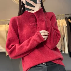 Women's Solid Color Sweater Chinese Style Autumn and Winter Half High Collar Vintage Button Pullover Loose Long Sleeve Knit Tops
