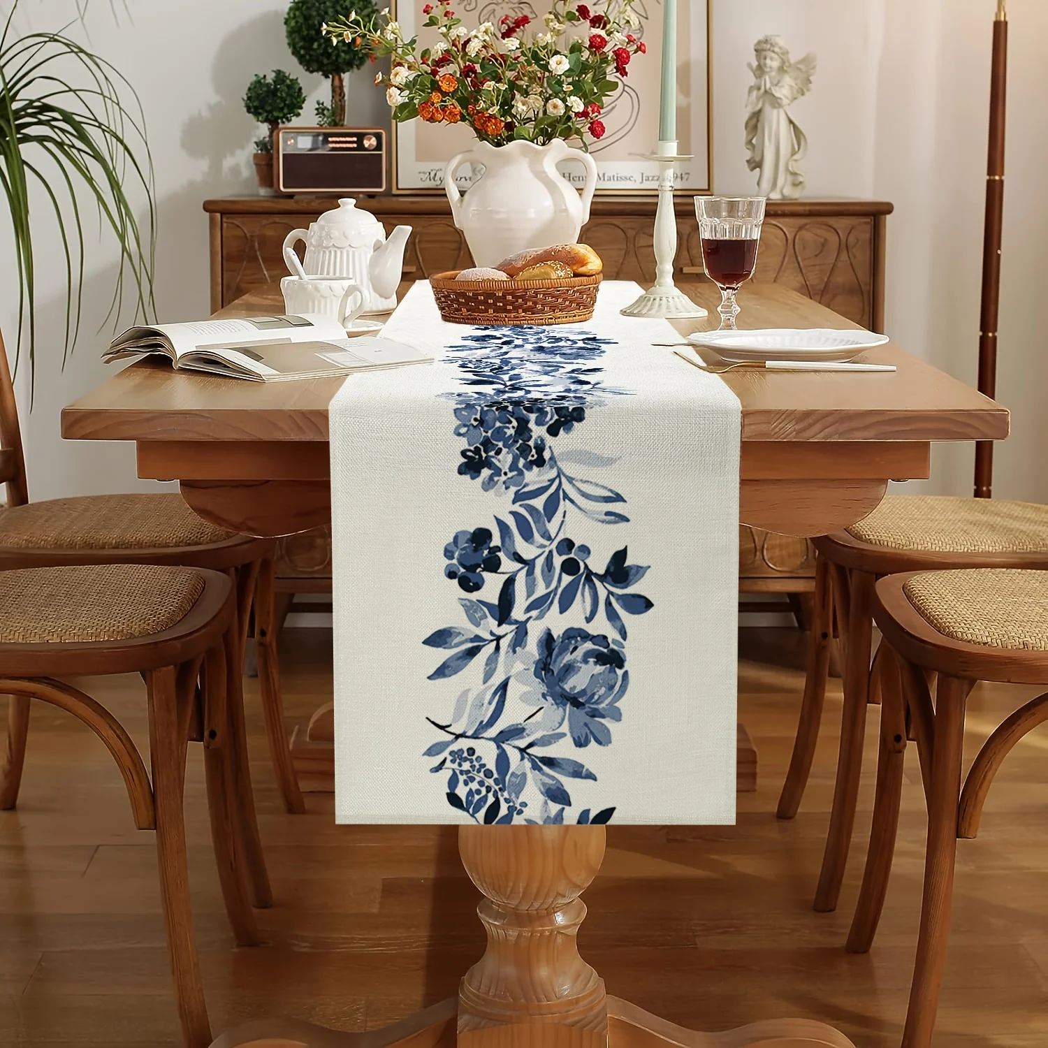 Boho Blue Flowers Linen Table Runners Dresser Scarf Table Decor Kitchen Dining Table Decor Farmhouse Holiday Wedding Party Decor 2