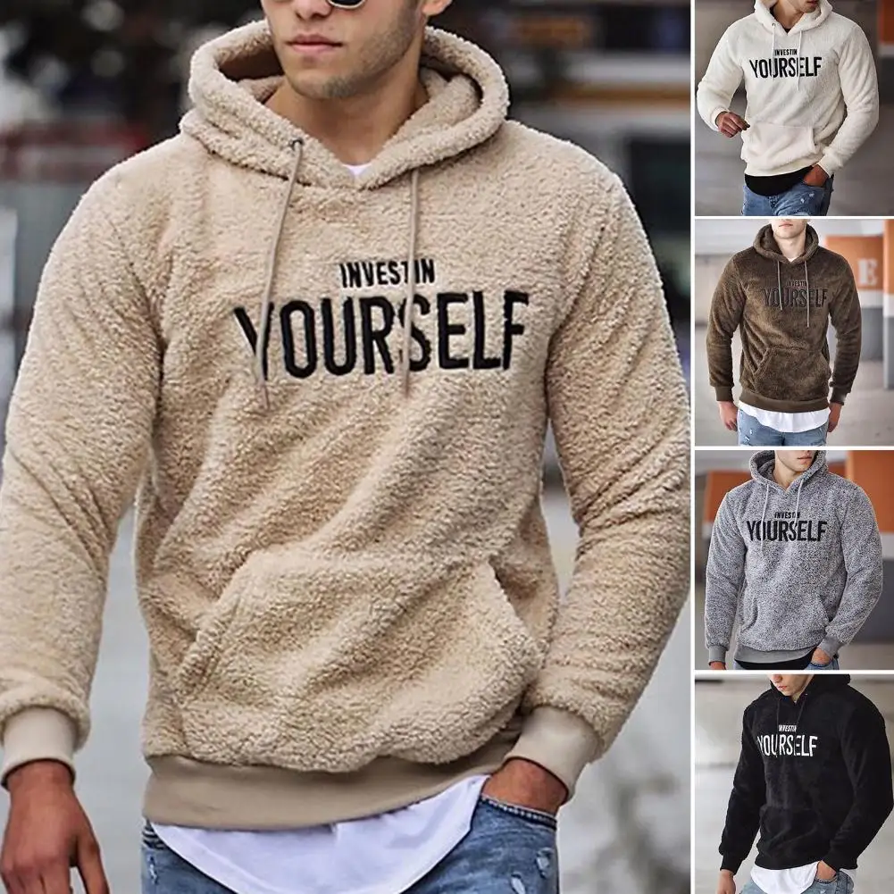

Winter Hoodie Letter Pattern Hooded Hat Long Sleeves Pullover Soft Plush Embroidery Plus Size Men Autumn Hoodie for Daily Wear