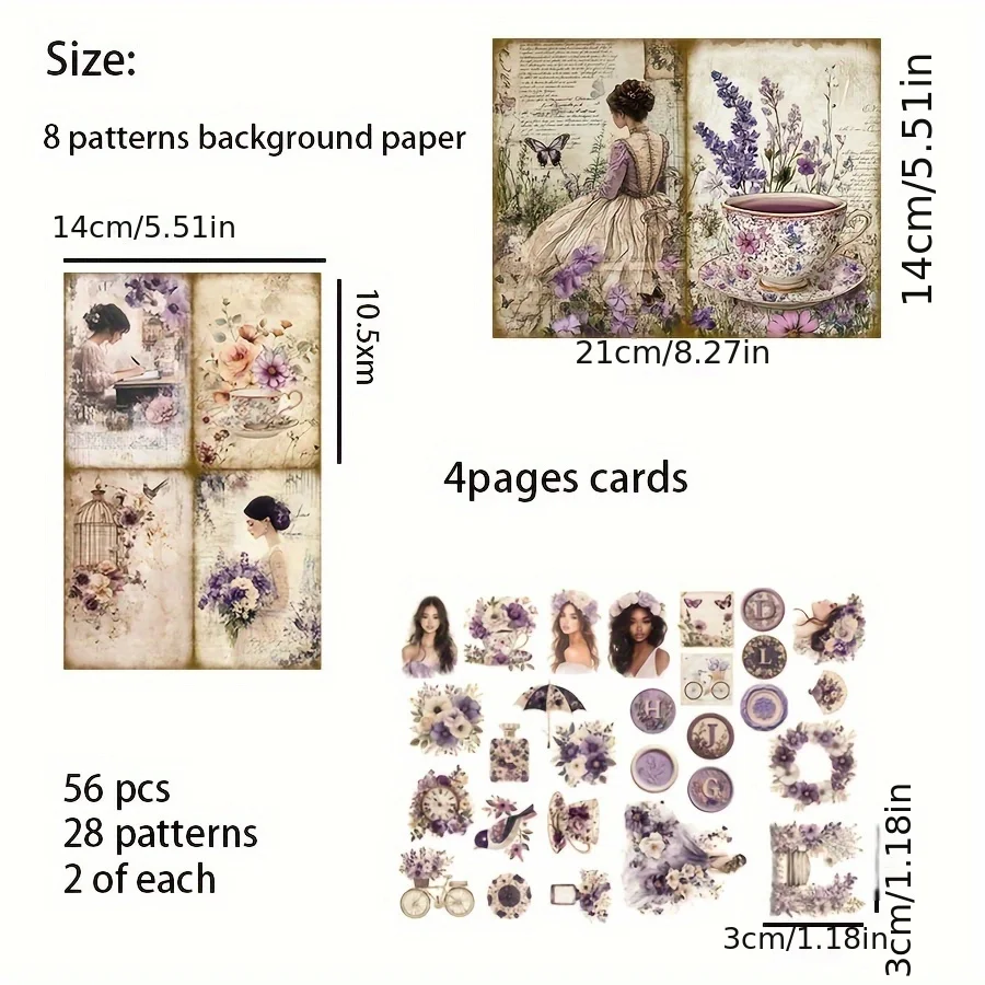 68pcs Card and Sticker Set Vacation Wedding Lavender Purple Floral Patterns Wedding Album DIY Greeting Card Junk Journal