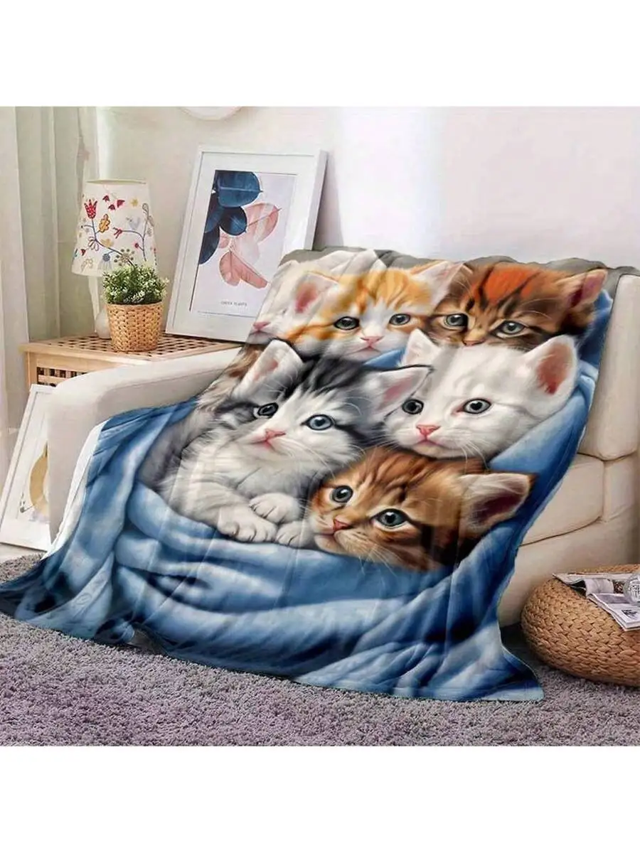 Ultra Soft Flannel Cat Geometric Blanket, Lightweight All Season Black Throw for Sofa Bed Travel Camping Office