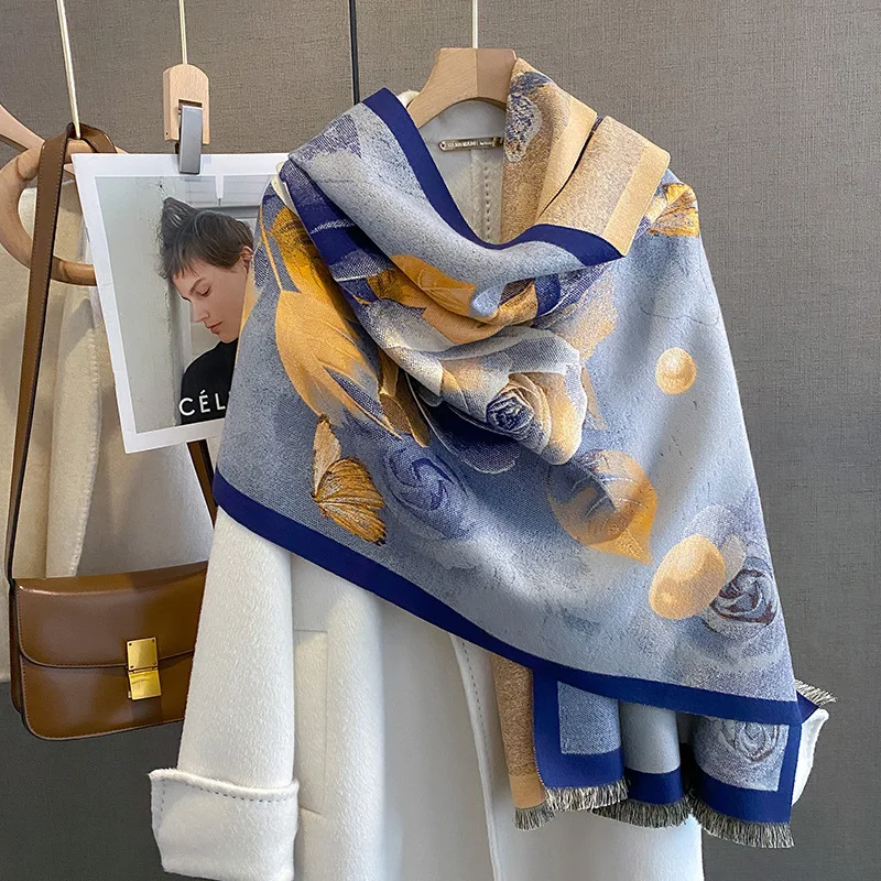 

2023 New Luxury Winter Cashmere Scarf Women Thick Blanket Warm Pashmina Wraps Shawls Floral Print Bufandas Poncho Echarpe
