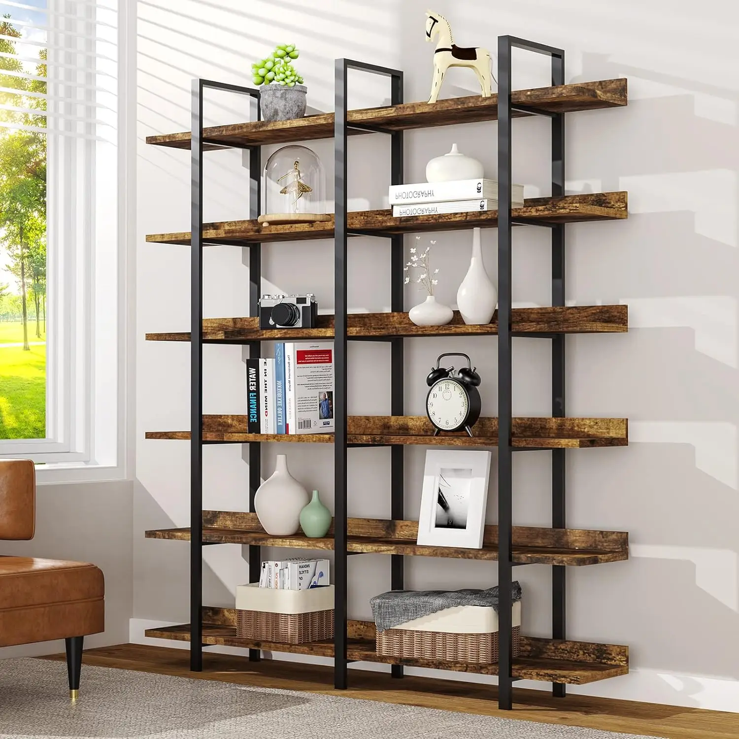 

FRAPOW 83Inch Industrial Bookshelf and Bookcase, Double Wide 6 Tier Large Vintage Book Shelf with Metal Frame