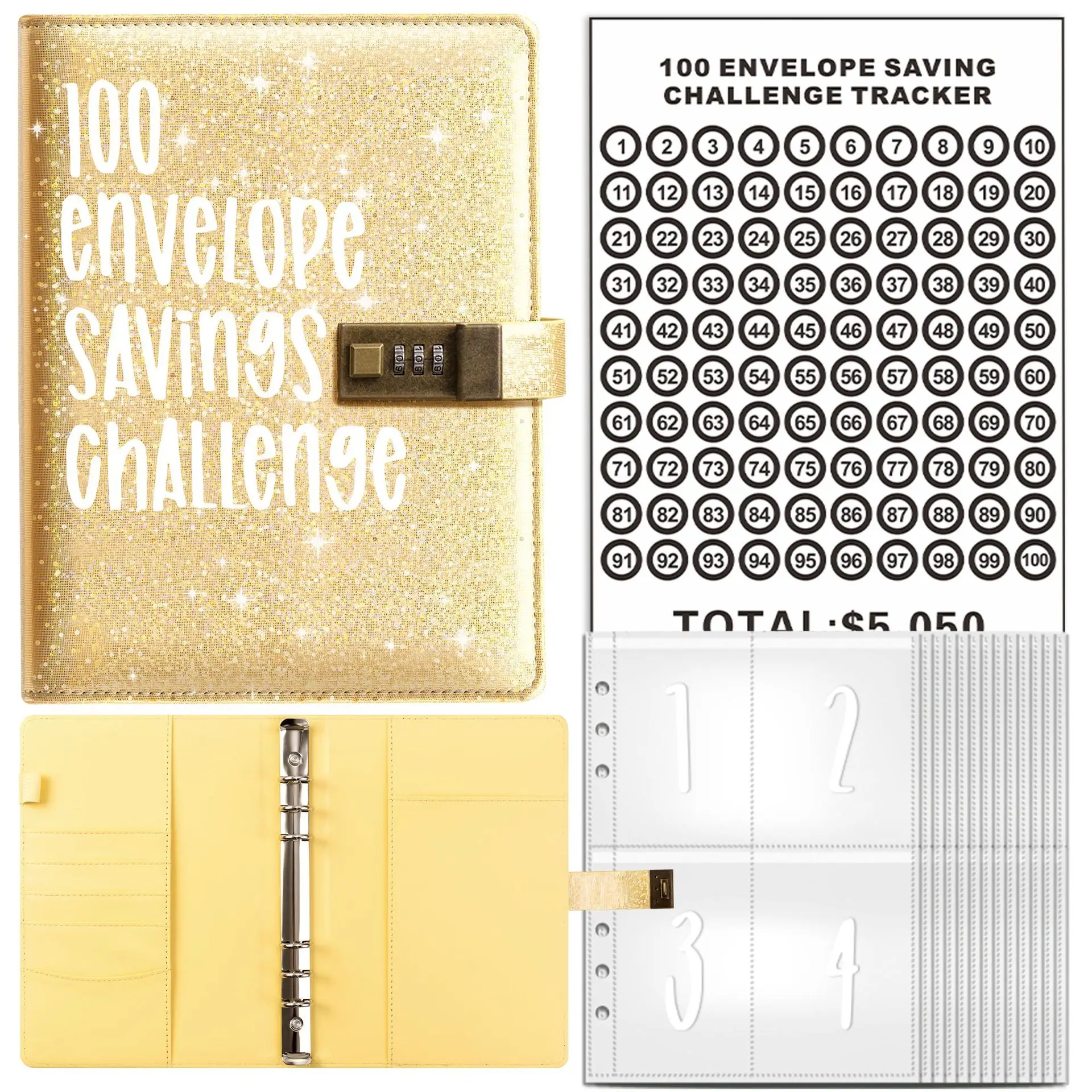 Shiny 100 Envelopes Money Saving Challenge Budget Binder With Password Lock Budget Planner Saving Money Easy Fun To Save $5,050