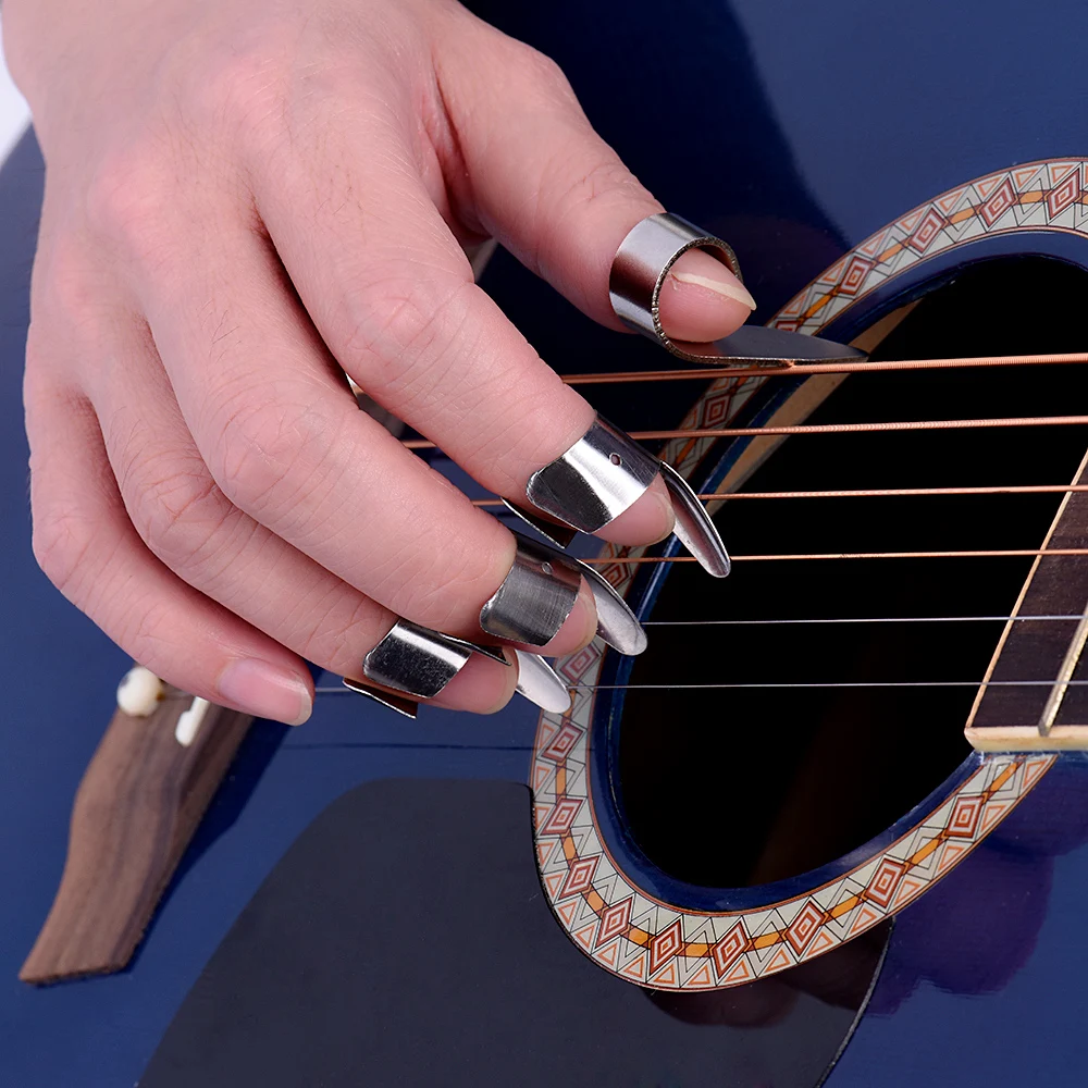 4pcs Stainless Steel 1 Thumb And 3 Finger Nail Guitar Picks Plectrums Set Metal Acoustic Electric Bass Guitar Accessories