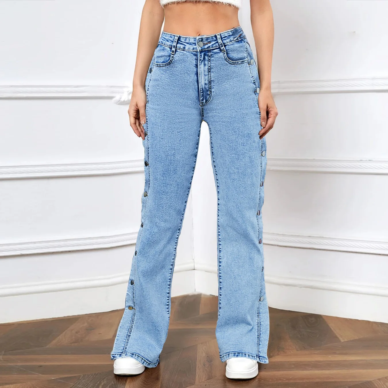 Fashion Streetwear Blue Jeans for Women Slit Side Row Buckle Decoration Slim Straight Pants Female Vintage Casual Denim Trousers
