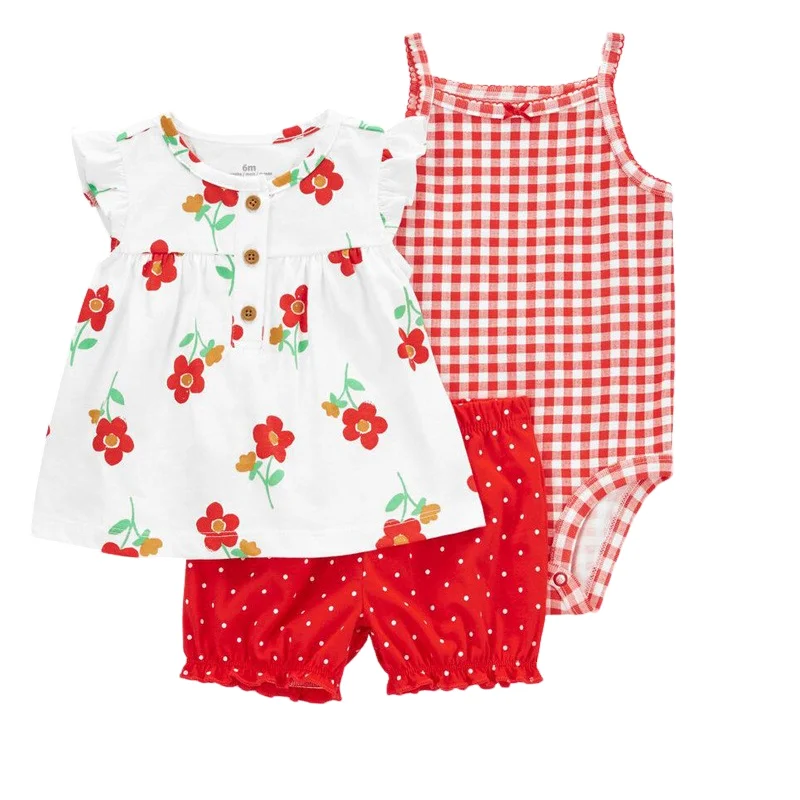 Infant Toddler Baby Girl Boy Clothes Set 2024 Summer Bebe T-shirt+Bodysuit+Shorts 3Pieces Suit New born Baby Outfit