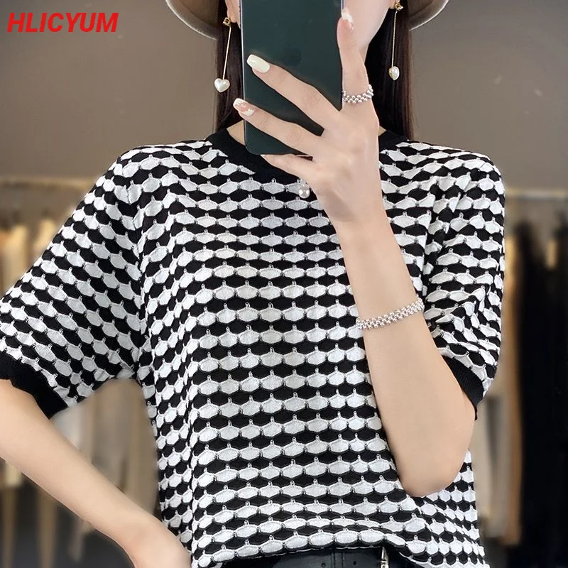 

Women's T-shirt 2023 Summer New Cotton Sweater Short Sleeve Casual Knitwear Round Neck Ladies Tops Loose Blouse Overside Tees