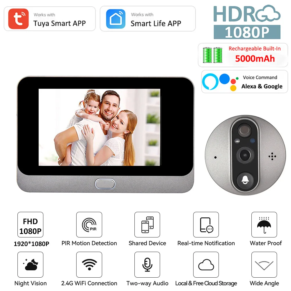 Smart Tuya Wifi 720p Peephole Video Doorbell Camera 4.3 Inch Viewer