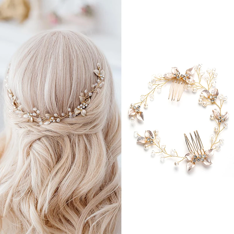 Pearl Leaf Comb Headband Hair Accessories For Women Tiara Headband Wedding Accessories on the head