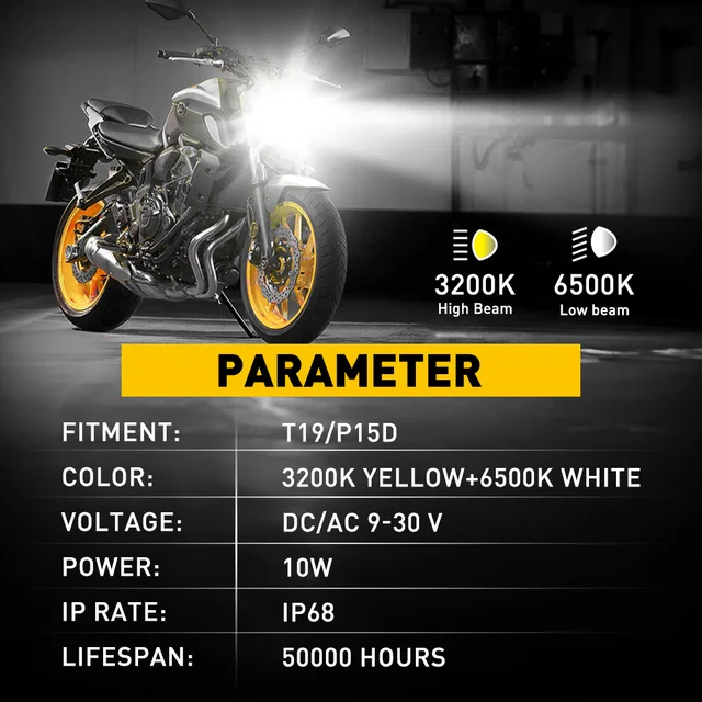 1Pcs AUXITO T19 P15D LED Bulb Canbus for Motorcycle Headlight 12V Hi Lo Beam Dual Color 3200K Yellow 6500K White Motorbike Light