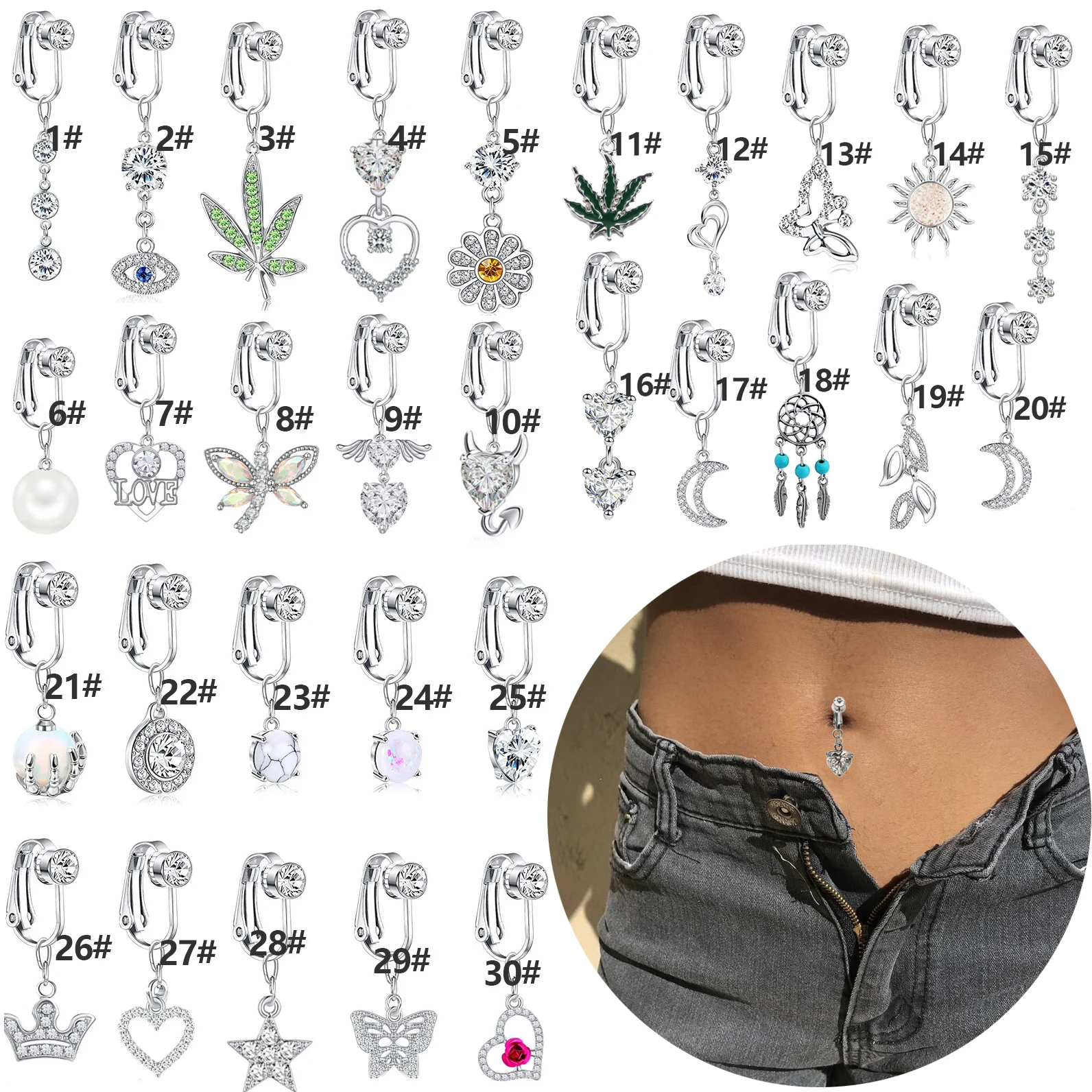1PCFakePiercingBellyButtonRingsFakeBellyRingsButterflyClipOnUmbilicalNavelPiercing