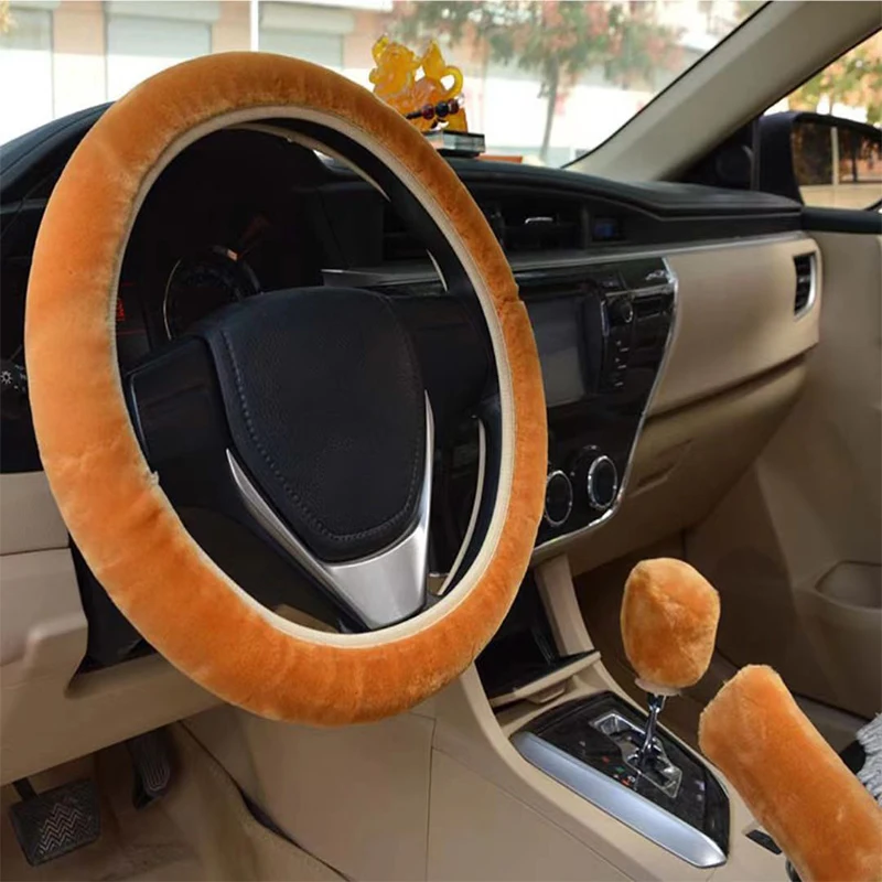 Soft Plush Car Steering Wheel Cover Gearshift Handbrake Cover Protector Decoration Warm Super Thick Plush Collar Soft Black 3Pcs