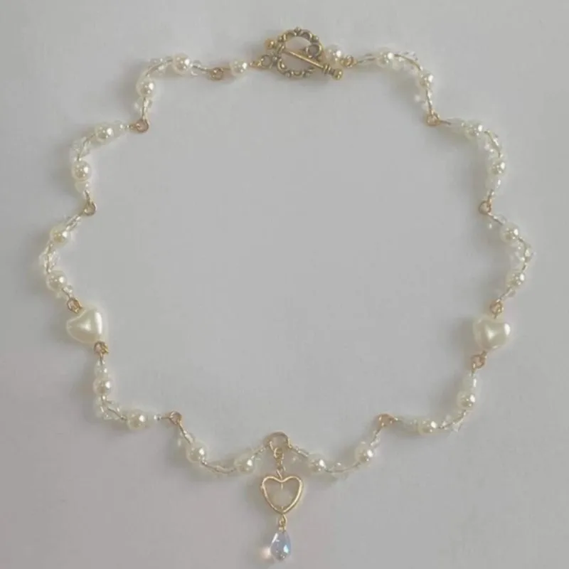 Elegant Pearl Splicing Heart Charm Chain Pendant Necklace Bracelet Jewelry Sets for Women beaded Statement Jewelry