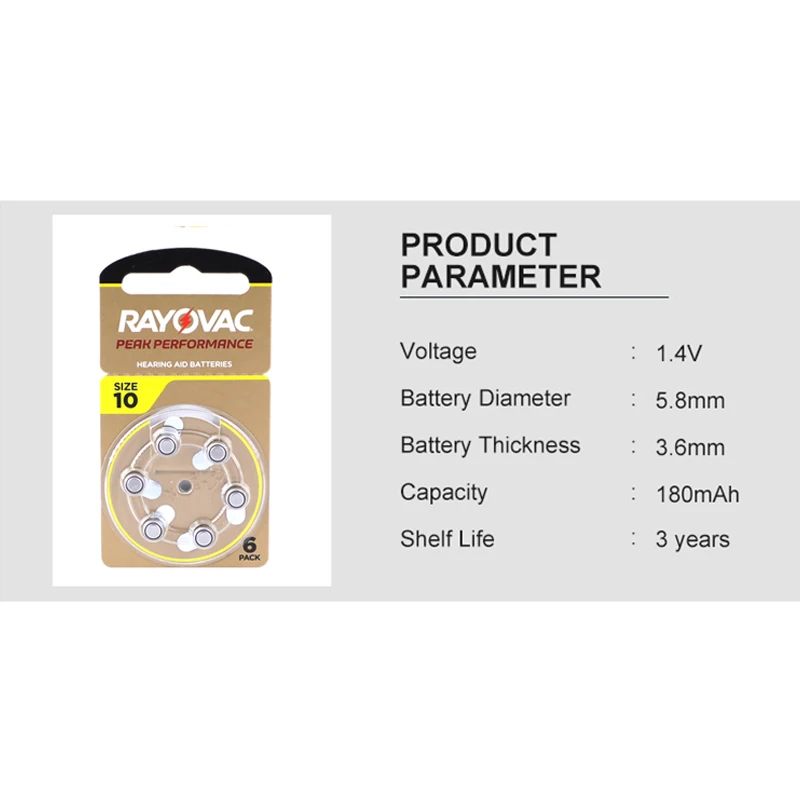 RAYOVAC PEAK Zinc Air 60 PCS High Performance Hearing Aids Batteries A10 10A 10 PR70 Hearing Aid Battery A10 For Hearing Aids