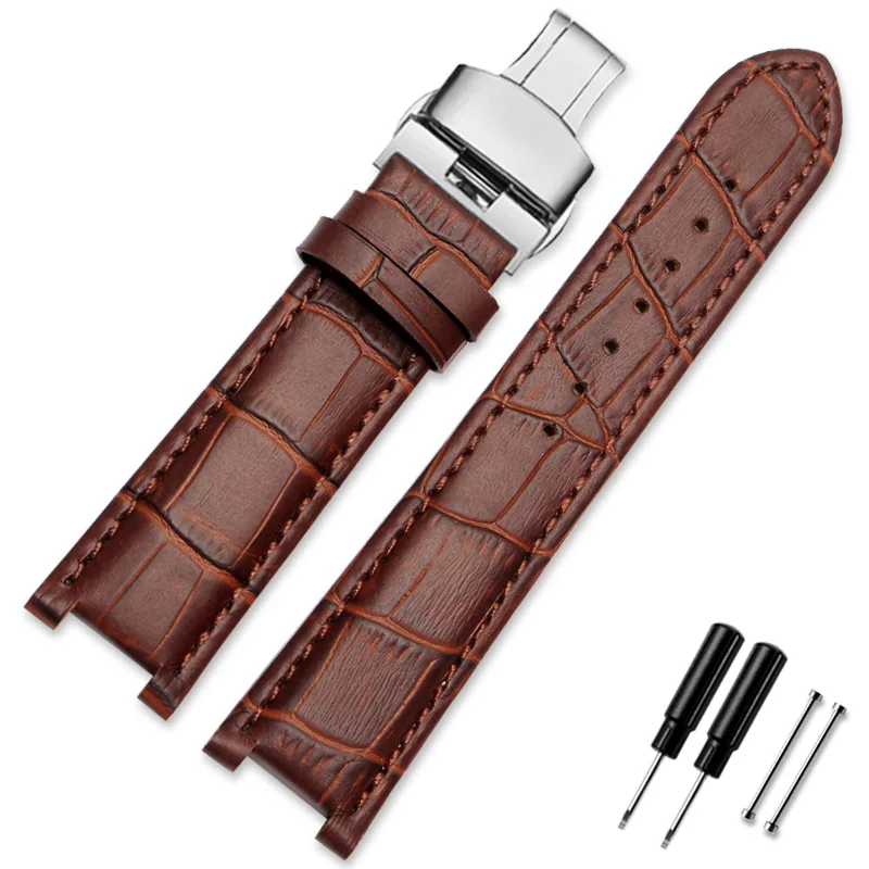 Genuine Leather Watchband with Stainless Steel Butterfly Buckle