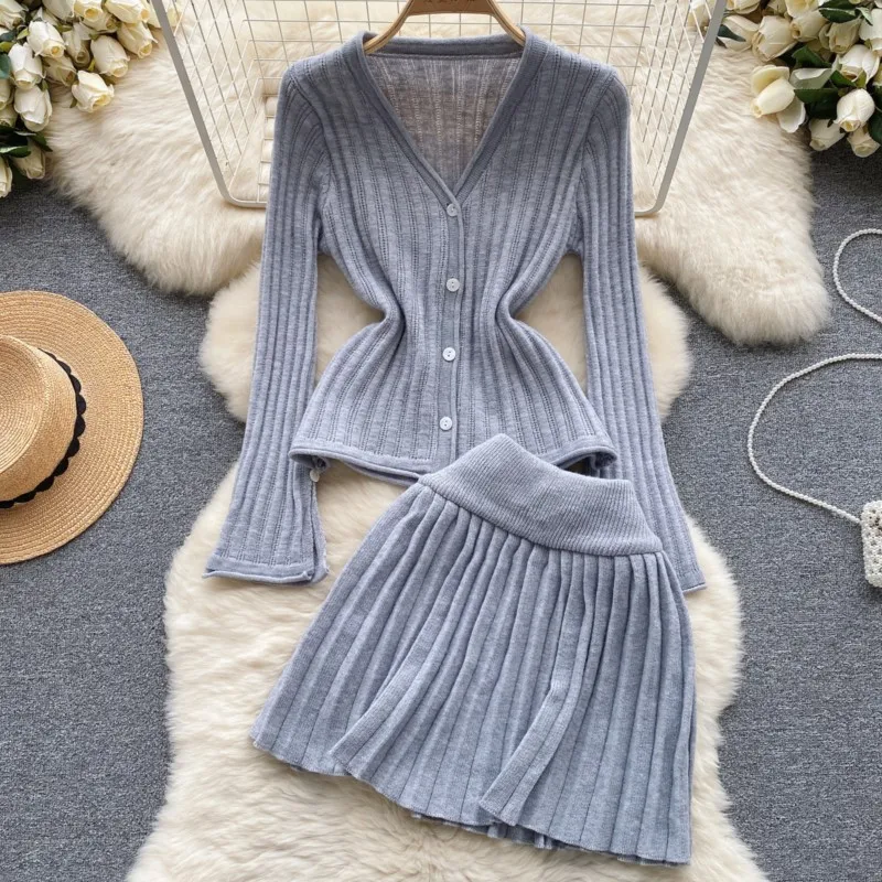 

Women Fashion New Elegant Skirts Suit Vintage Casual Knitted Sweater Cardigans Mini Saya Two Pieces Set Female Party Outfits