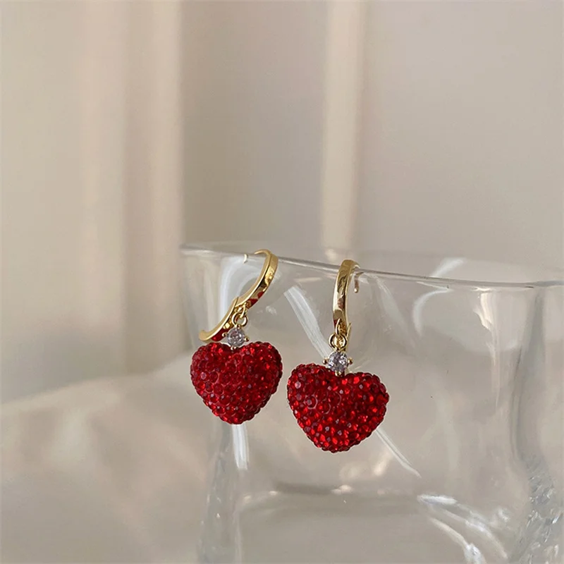 ◇Hei◇ special heart stone earring [正規品/関税込] Accessories for Women Red Heart Crystal Hoop Earrings for