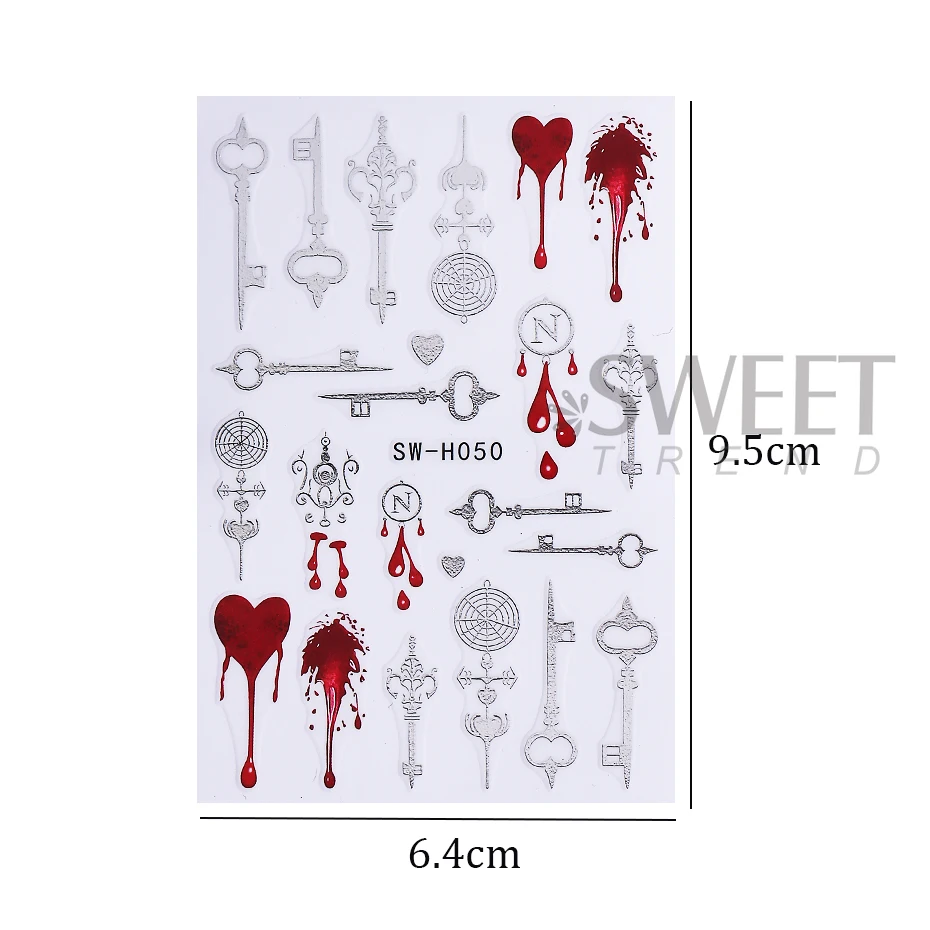 2pcs Gothic Nail Art Stickers Metallic Silver Key Love Blood Droplet Design Self-Adhesive Nail Decals DIY Manicure Decoration