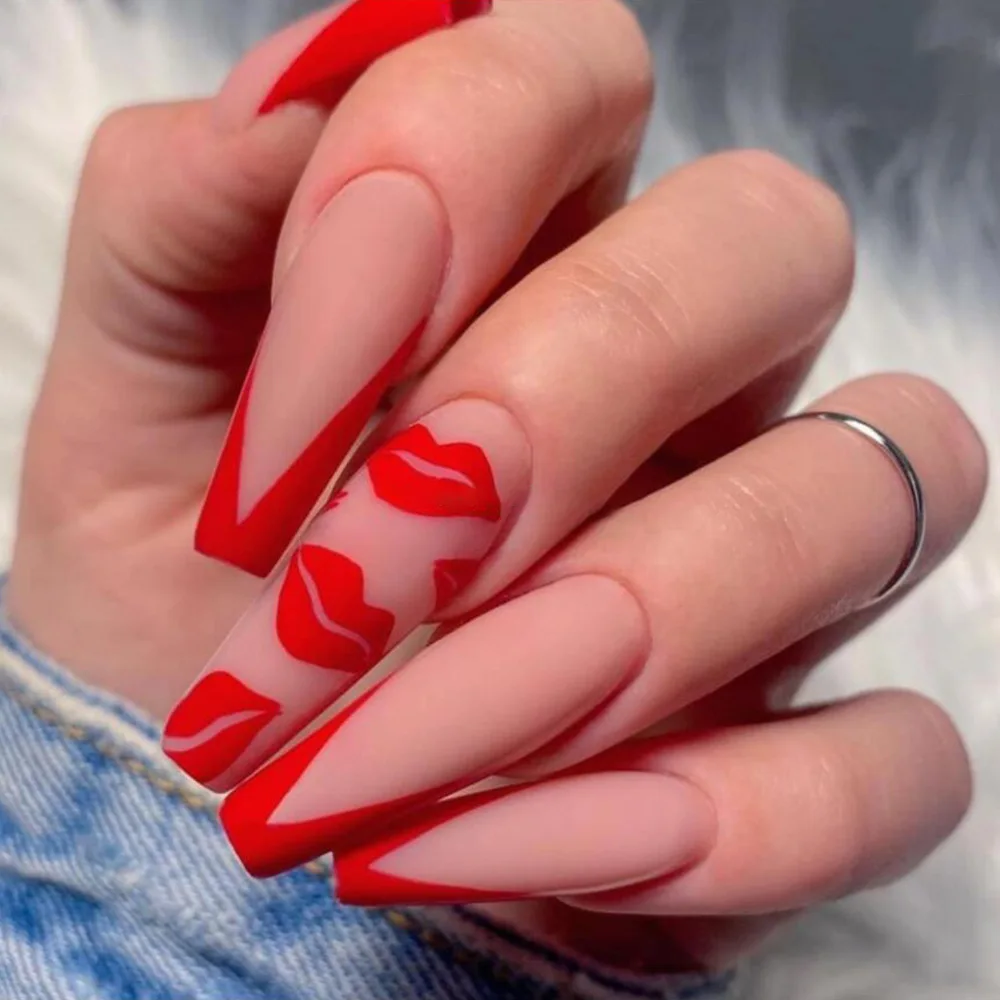 24Pc Red Lips Fake Nails With Glue Simple Heart Ballerina Long Coffin  Wearable False Nails Full Cover Press On Nail Fingernail - AliExpress