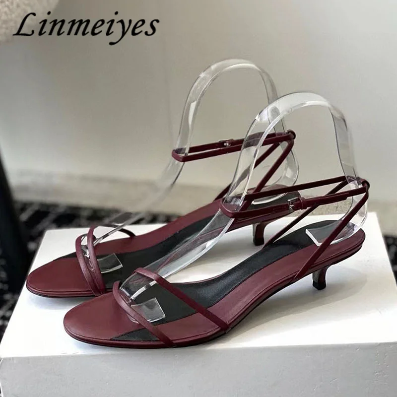

Sexy Kitten Heels Sandals Women Mixed Colors Narrow Band Party Shoes Genuine Leather Ankle Buckle Strap Summer Slippers Woman