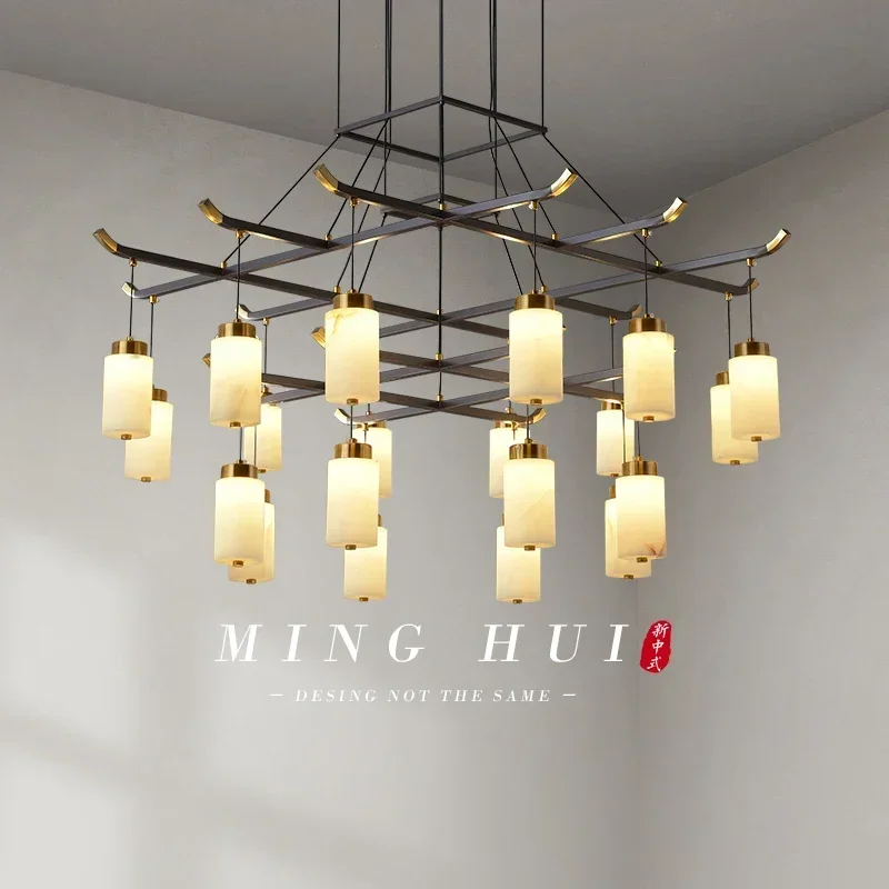 

New Chinese Retro Lamp in the Living Room Duplex Building Creative Chandelier Zen Chinese Style Marble Chandelier