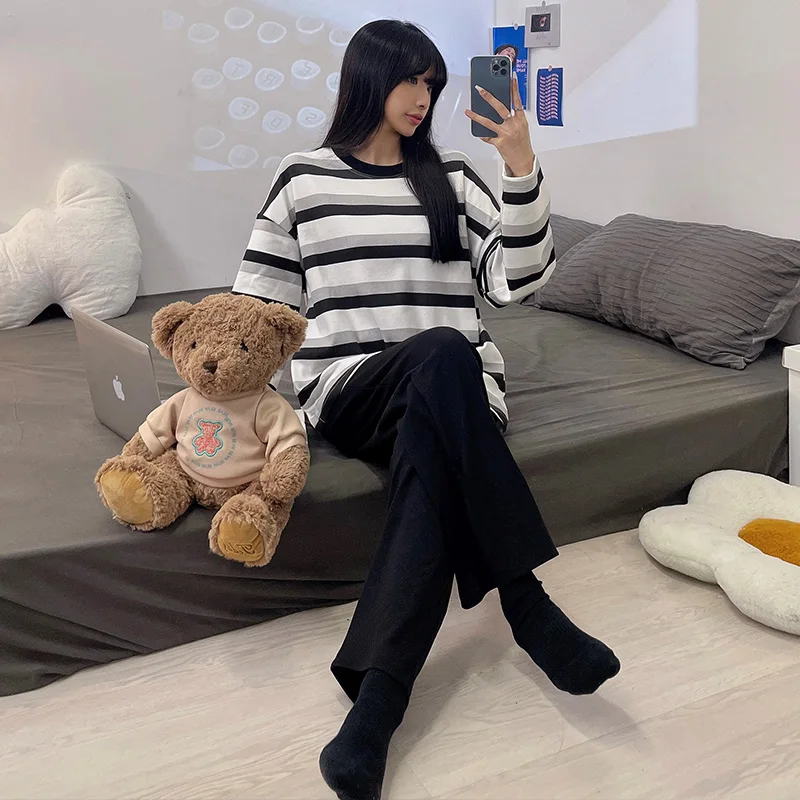 Spring/Summer 2023 Knitted Cotton like Padded Pajamas Women's Stripe Round Neck Pullover Casual Loose Slouchy Set Home Wear