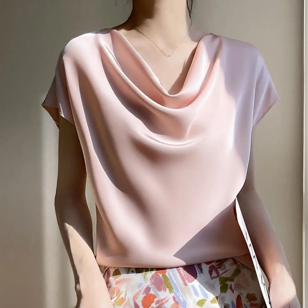 Faux Satin Smooth Blouse Elegant Women's Satin Blouse Collection Piled Collar Tank Tops Short Sleeve Tunic Solid for Summer