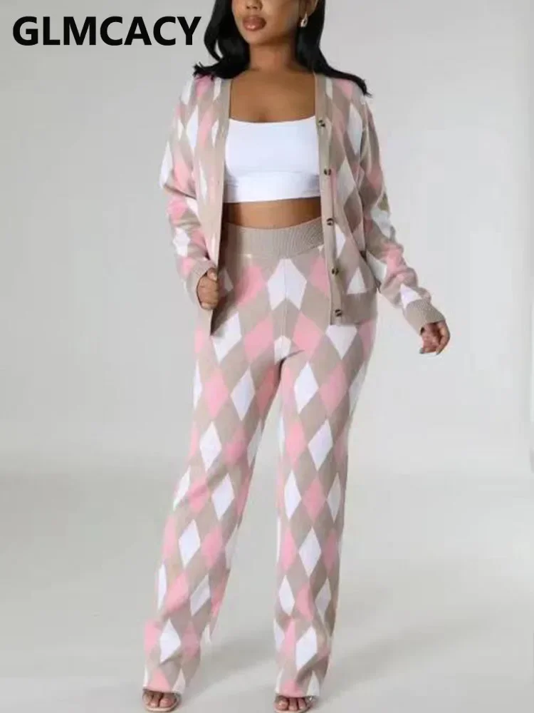 

Knitted Sweater Diamond Grid Cardigan Two-Piece Set