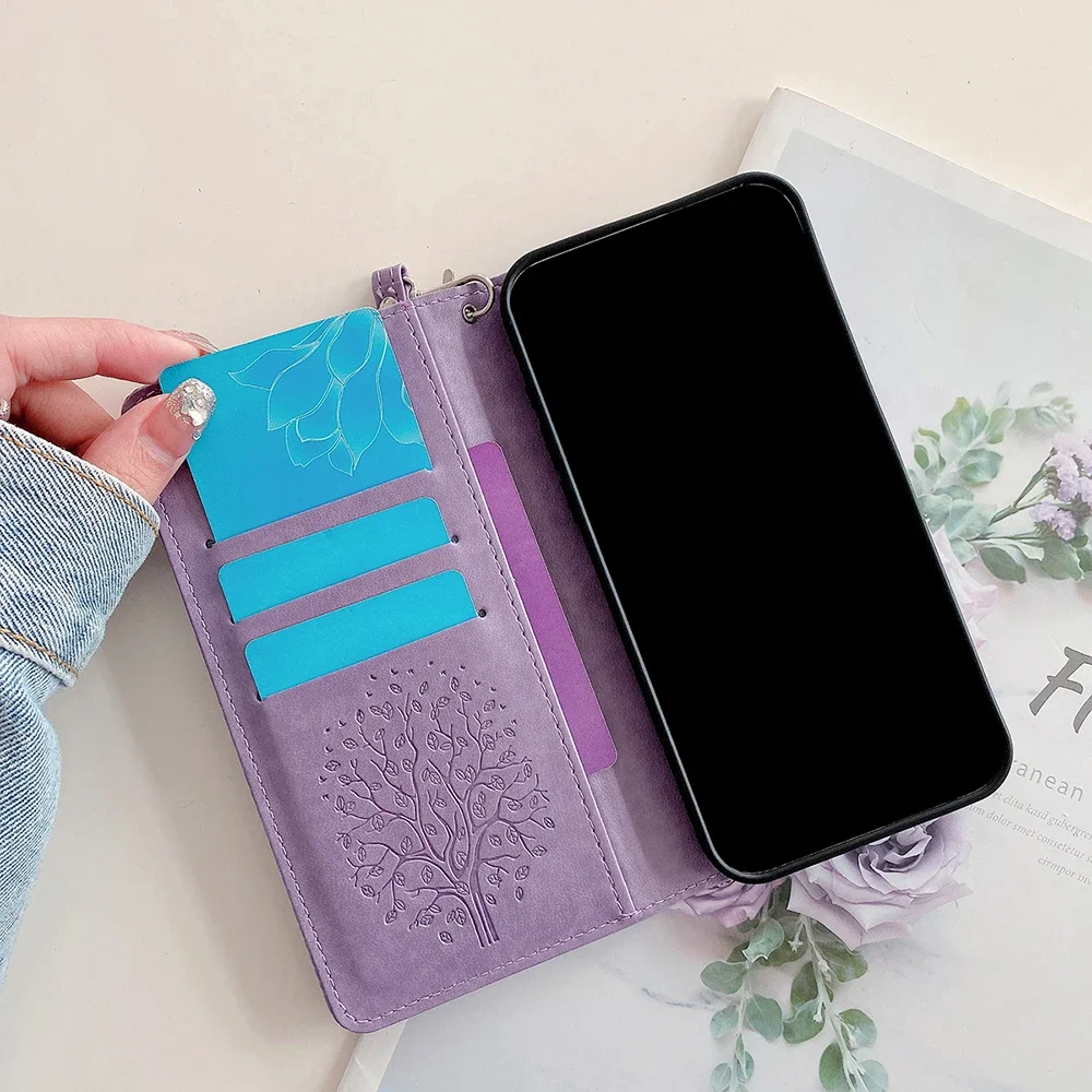 Elegant Magnetic Leather Flip Cover Wallet with Tree Design and Strap