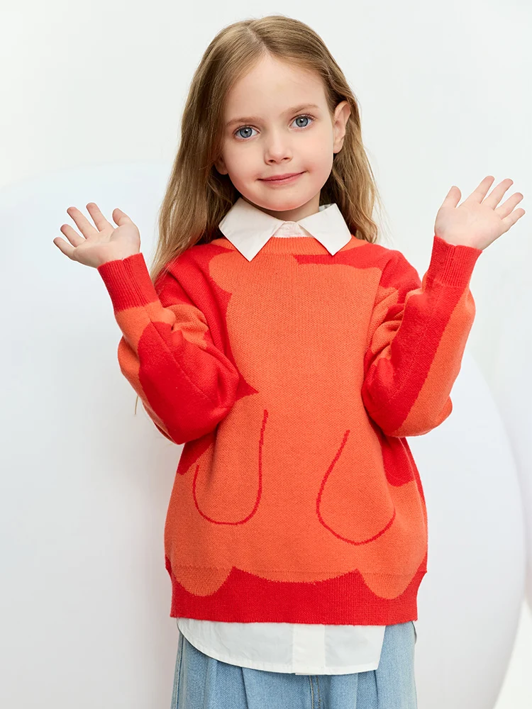 

Amii детская одежда Новинка свитер для девочек 2023 осенний пуловер модный Свободный Повседневный Вязаный топ с круглым вырезом 22343034